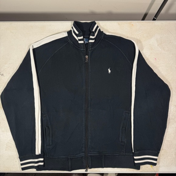 VTG Polo Ralph Lauren Mens Large Track Jacket Black White Stripe Full Zip Cotton - Picture 1 of 10